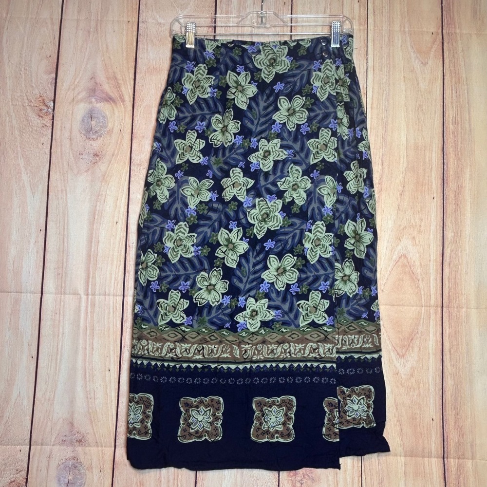 Sag Harbor Midi Skirt Women M Blue Green Floral Rayon Tropical Cottage Boho